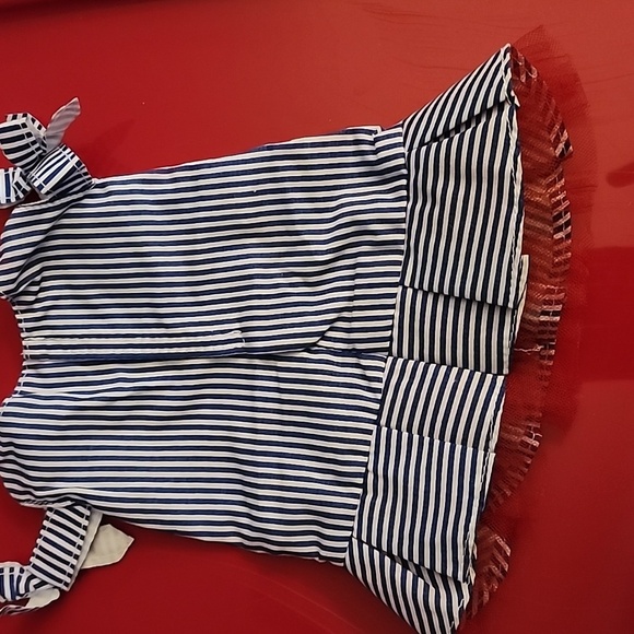 18in doll Blue and White Striped Dress with Ruffle Hem - Picture 2 of 3